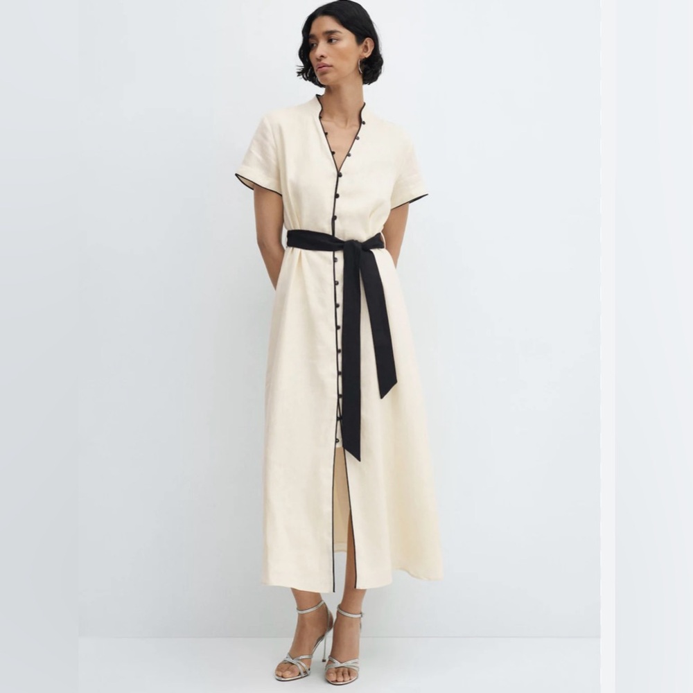 Mango 100% Linen Maxi Dress with Black Accents